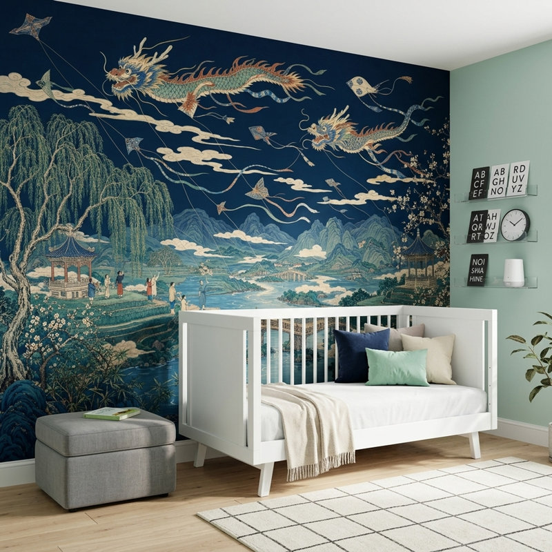 Papier peint mural Dragons Volants Ciel Bleu Marine Foncé Paysage Oriental, 100"x96", Peel and Stick