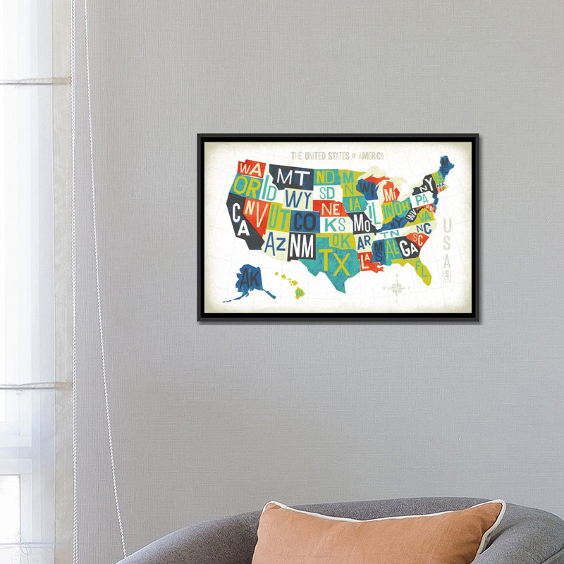 «Letterpressed Cartes Series: USA», impression sur toile, H 18 po x l 26 po x P 1,5 po, Toile avec cadre noir, Pas de tapis