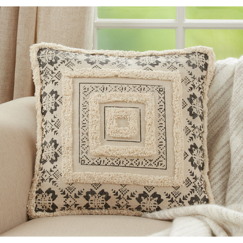 Black and Beige 20" Printed Tufted Throw Pillow
