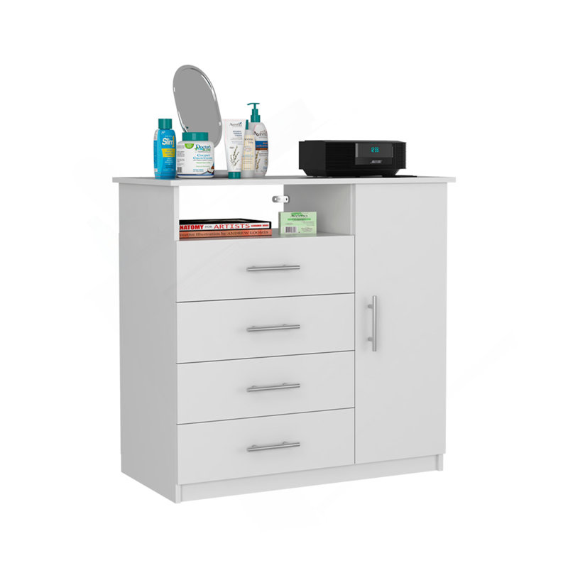Commode 4 tiroirs, 1 tablette ouverte, plateau supérieur, armoire à une porte, blanc