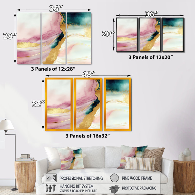 Géode abstraite, marbre rose et vert I, reproduction sur toile 3 pièces, H 32 po x l 48 po x P 1 po, Toile tendue