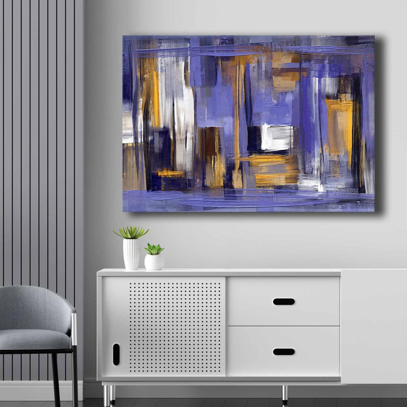 Stunning Decorative Canvas Painting, 27.6 x 39.4 inches | 100% Canvas (Thickness: 0.11 inches) & 100% Pine Wood Frame (Thickness: 0.9 inches) | Vibrant Purple, Yellow, White & Navy Blue Colors | Perfect for Home Decor