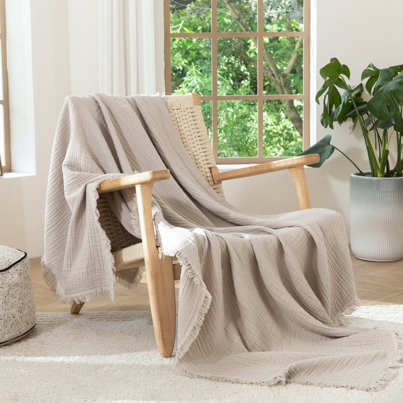 Jeté 100% coton 4 couches avec frange MooMee Airy, Gris crème, Jeté (60 po x 50 po)