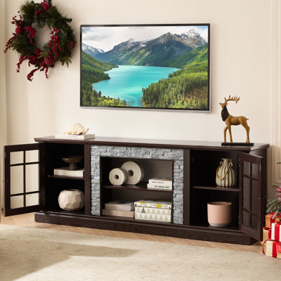 Meuble télé 70 po en fausse pierre cerise, rangement à 2 portes, compatibilité 75 po, 6 découpes de câbles, 3 tablettes réglables