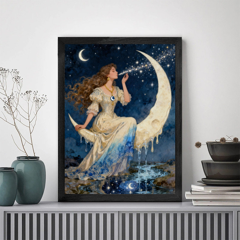 Art mural noir inspiré de la lune, femme encadrée, décorations célestes bohémiennes mystiques, H 37 po x l 25 po