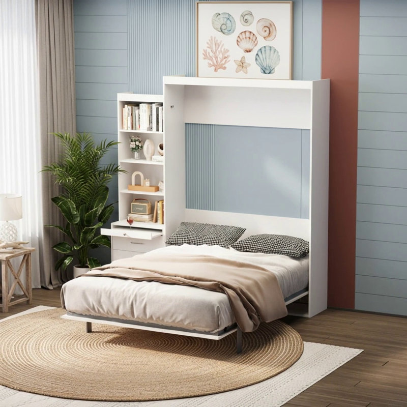 Lit escamotable vertical moderne avec tablette et tiroirs, lit mural blanc compact pour les chambres et les chambres d'amis