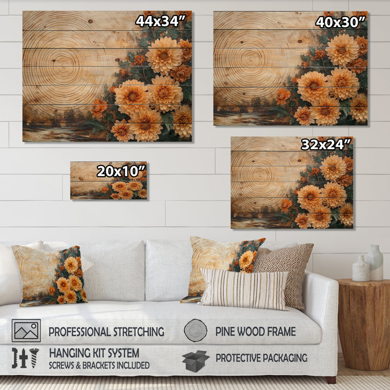 Hutchings - Chrysanthemums, impression sur bois de pin naturel, H 24 po x l 32 po x P 0,78 po