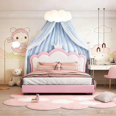 Upholstered Bed Frame with Crown Headboard for Kids, Princess Platform Bed with Solid Pine Wood Slats, No Box Spring Needed, Cream+Pink, Full