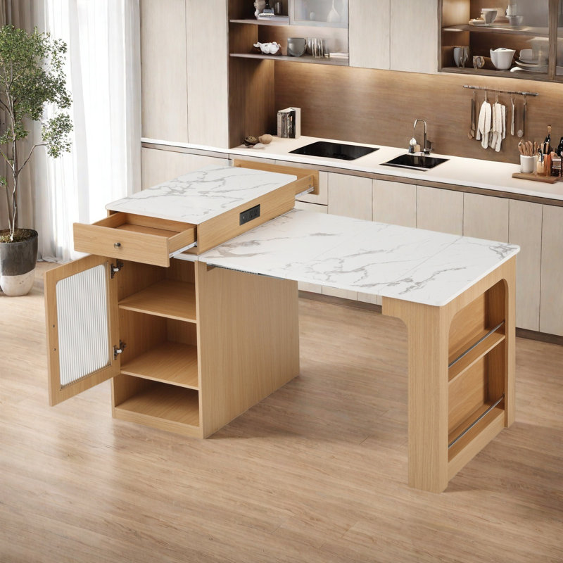 Îlot de cuisine 59,5 po avec table de salle à manger extensible et rangement double-face, Naturel