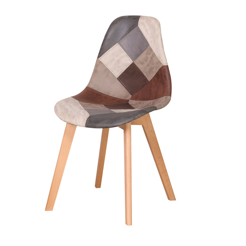 40.5cm Patchwork Linen Nordic style Dining Chairs with Solid Wood Legs, Brown/Grey