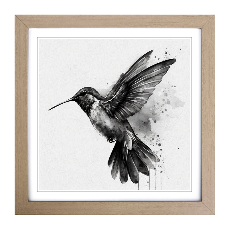 Hummingbird Ink Wash - Single Picture Frame Print on Wood, Oak