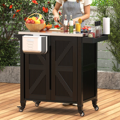 Stainless Steel Rolling Outdoor Grill Cart with Storage, Foldable Trash Bin & Lockable Wheels
