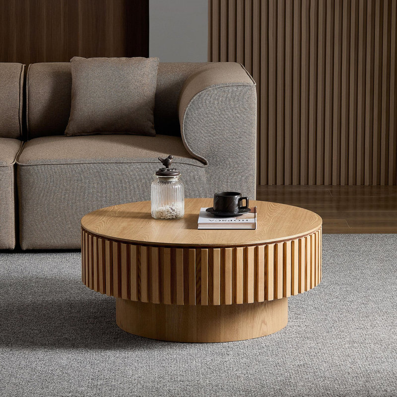 Table basse ronde en bois de 31,49 po avec rangement pour le salon, table basse tambour artisanal moderne, table basse circulaire en bois pour petit espace.