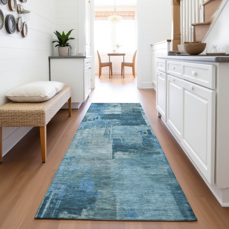 Machine Washable Indoor/Outdoor Xhevrie Blue Rug, Runner 2'3" x 7'6"