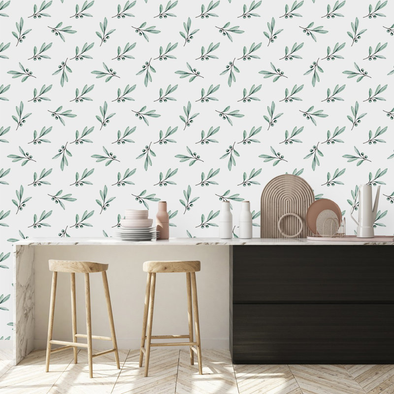 Papier peint blanc avec baies et feuilles