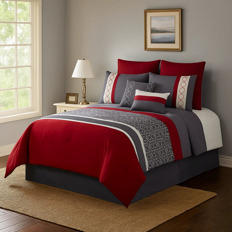 Ensemble d'édredon en microfibre rouge / bleu 8 pièces, Édredon très grand + 7 pièces supplémentaires