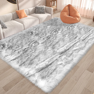 Tapis en fausse fourrure, tapis à poil long en fausse peau de mouton, tapis en peau de mouton style maison, tapis blanc / gris pour chambre à coucher