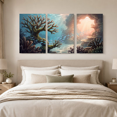 «School of Blue Fish in Sunlit Coral Reef», ensemble de 3 toiles murales