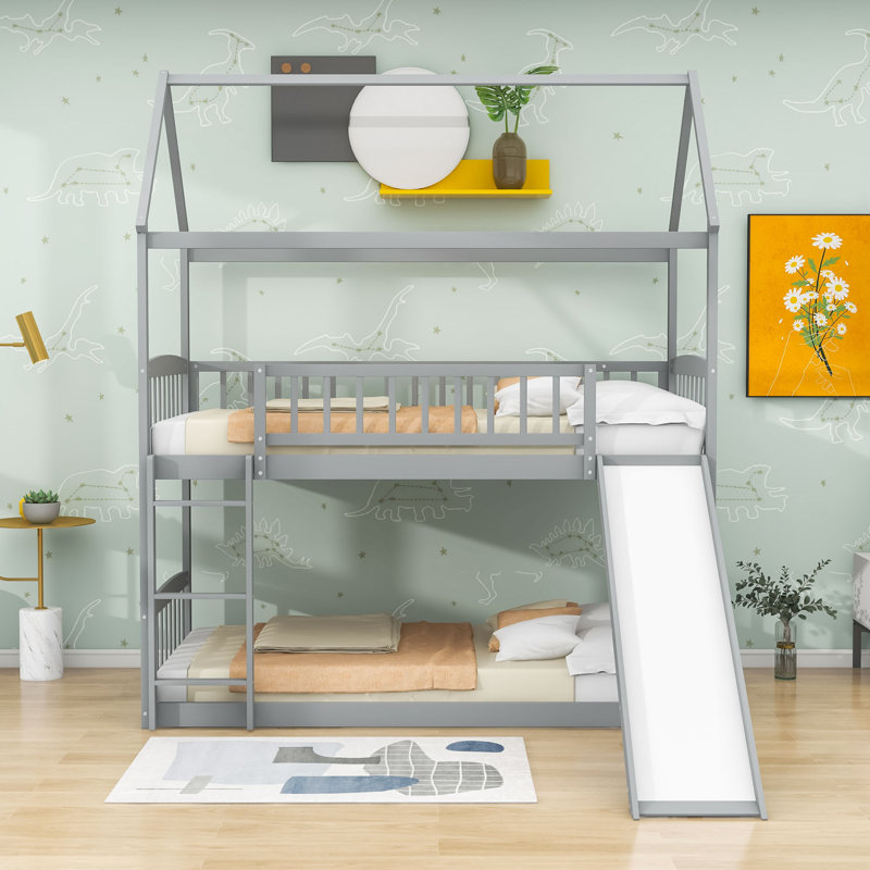Twin Over Twin Wooden Standard Bunk Bed with Slide, Gray