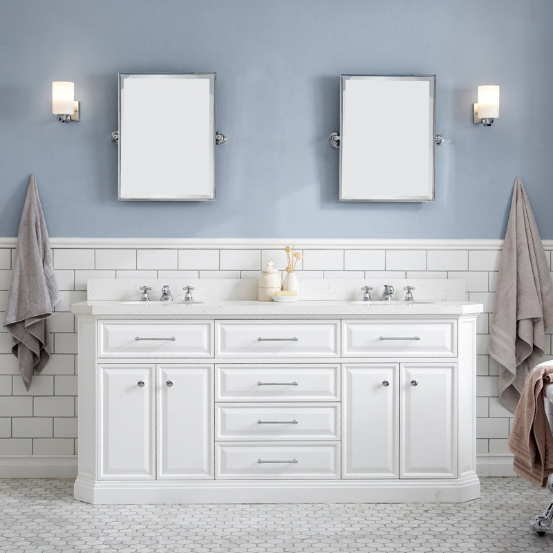 72" Palace Collection Quartz Carrara Cashmere Grey Bathroom Vanity Set With Hardware, Mirror in Chrome Finish, Pure White