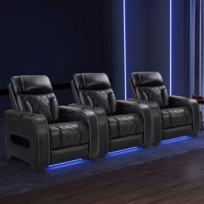 37.4" Wide Modern Faux Leather Dual Motor Power Recliner Home Theater Seating With Adjustable Headrest & Ambient Arm Lighting (Set Of 3)