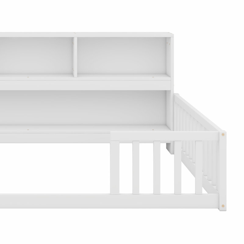 Floor Bed With Side Bookcase,Shelves,Guardrails, White