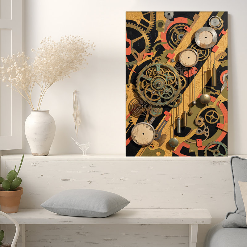 Art mural sur toile à engrenages en laiton et pendules métalliques, 36"H x 24"W