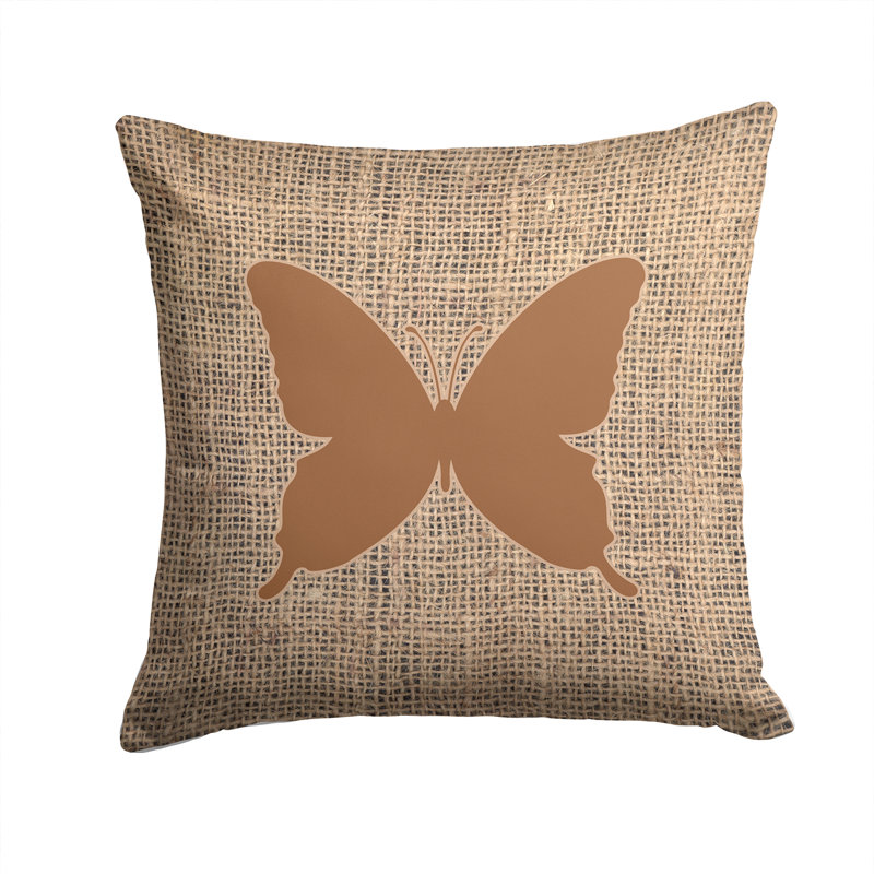 Coussin décoratif d’intérieur/d’extérieur carré en toile jute à papillon moderne, H 14 po x l 14 po x P 4 po, Brun