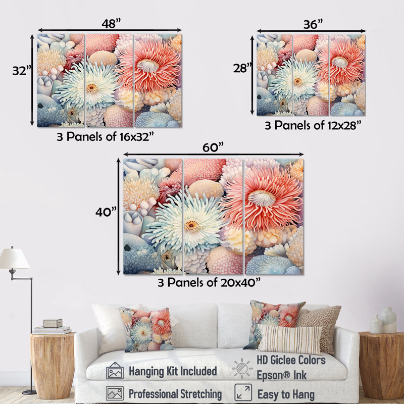 «Sea Anemone Pastel Elegant - Coastal Coral Under Water», ensemble d'art sur toile, Toile tendue, H 28 po x l 36 po x P 1 po