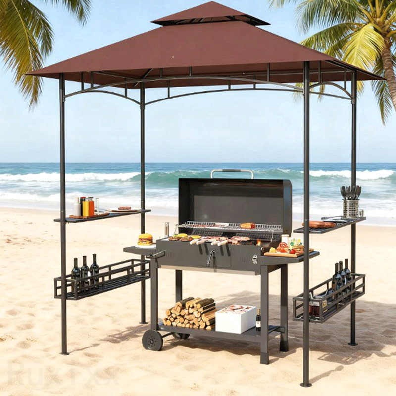 Barbecue Gazebo, double toit pour barbecue avec tablettes latérales, paniers de rangement et crochet de plafond
