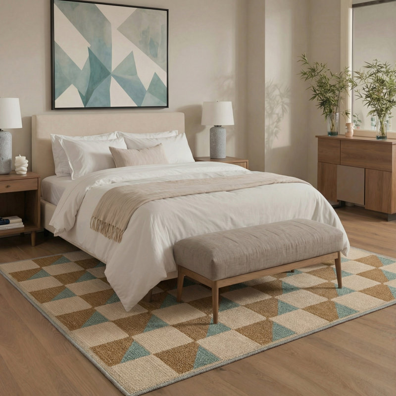 Tapis beige / brun clair / bleu sarcelle lavable à la machine avec envers antidérapant Folwell, Rectangle 6 pi x 9 pi