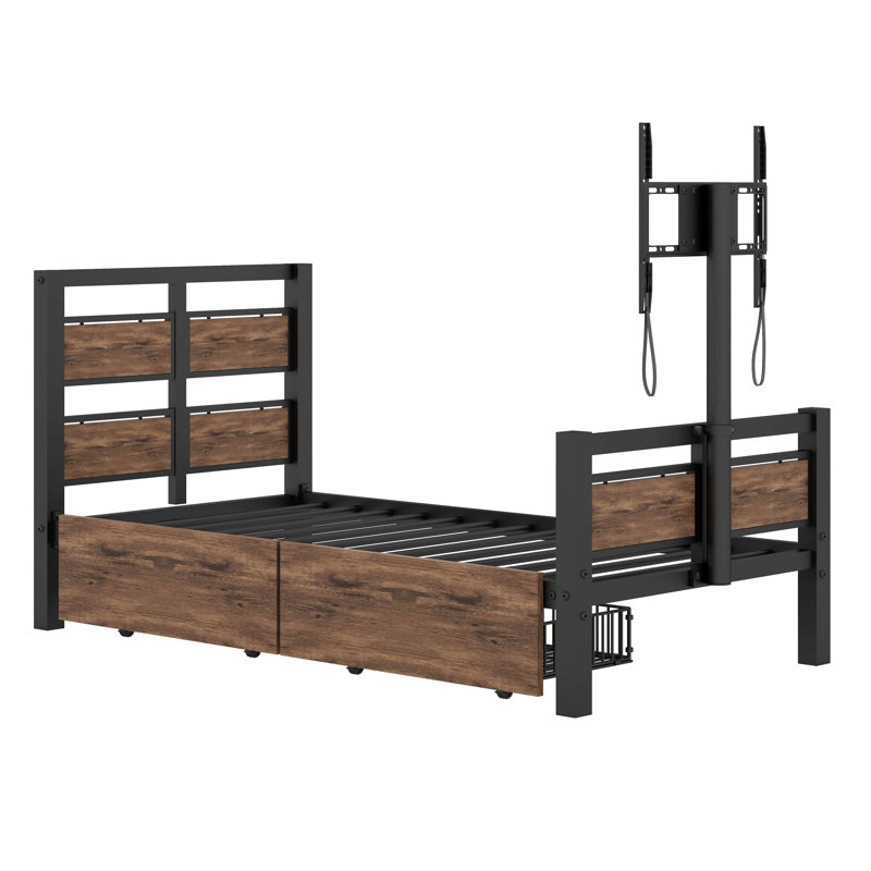 Twin Size Metal Platform Bed With Two Drawers And Rotatable TV Stand