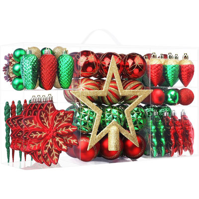 106 boules de Noël, boules de Noël colorées en plastique incassable pour décoration de sapin de Noël, décoration de fête de mariage avec crochets suspendus, or rouge et vert