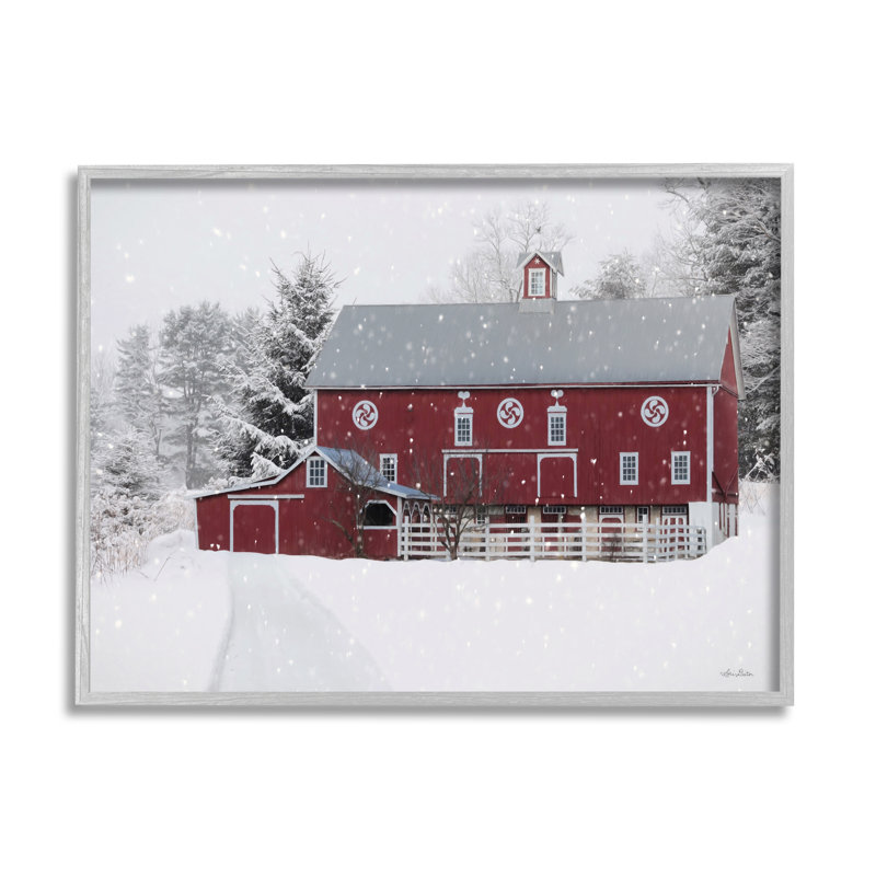 «Snowlanded Farmland Red Barn Snowflakes Falling Black», estampe numérique encadrée, art texturé par Lori Deiter
