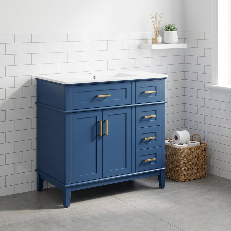 Meuble-lavabo moderne avec lavabo en céramique, portes à fermeture douce et plusieurs tiroirs de rangement