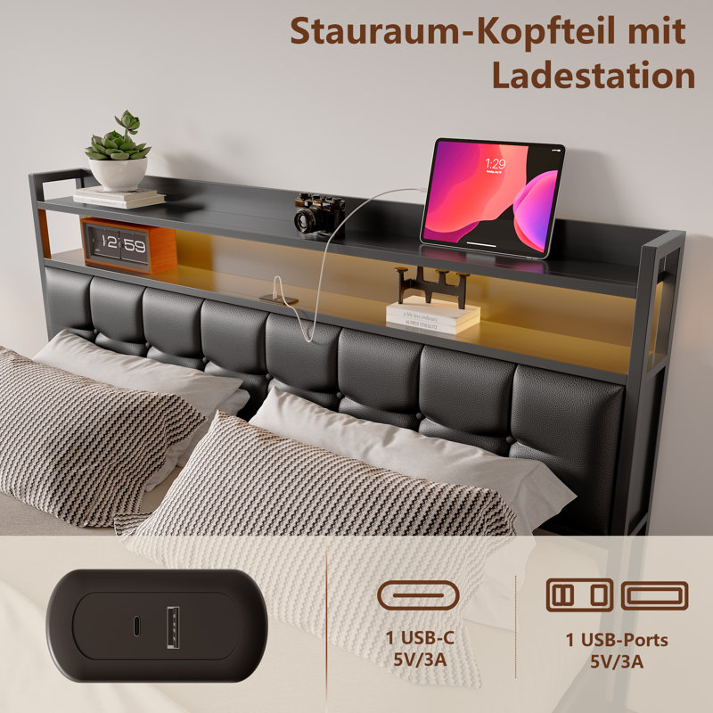 Upholstered Bed with LED Strip, 140*200cm, Black
