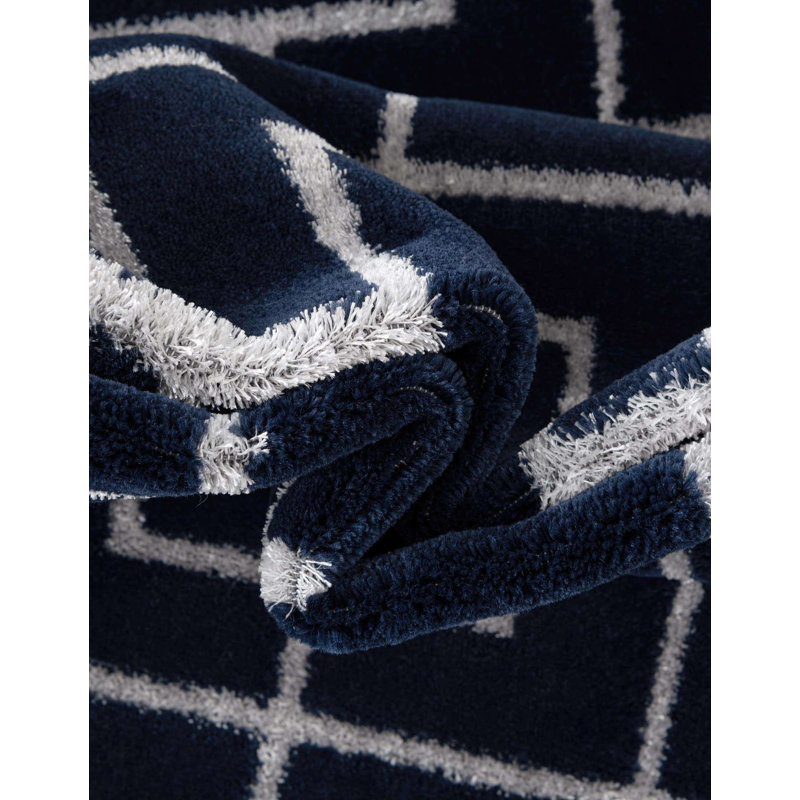 Glam Navy Blue Silver Area Rug, Rectangle 6'1" x 9'