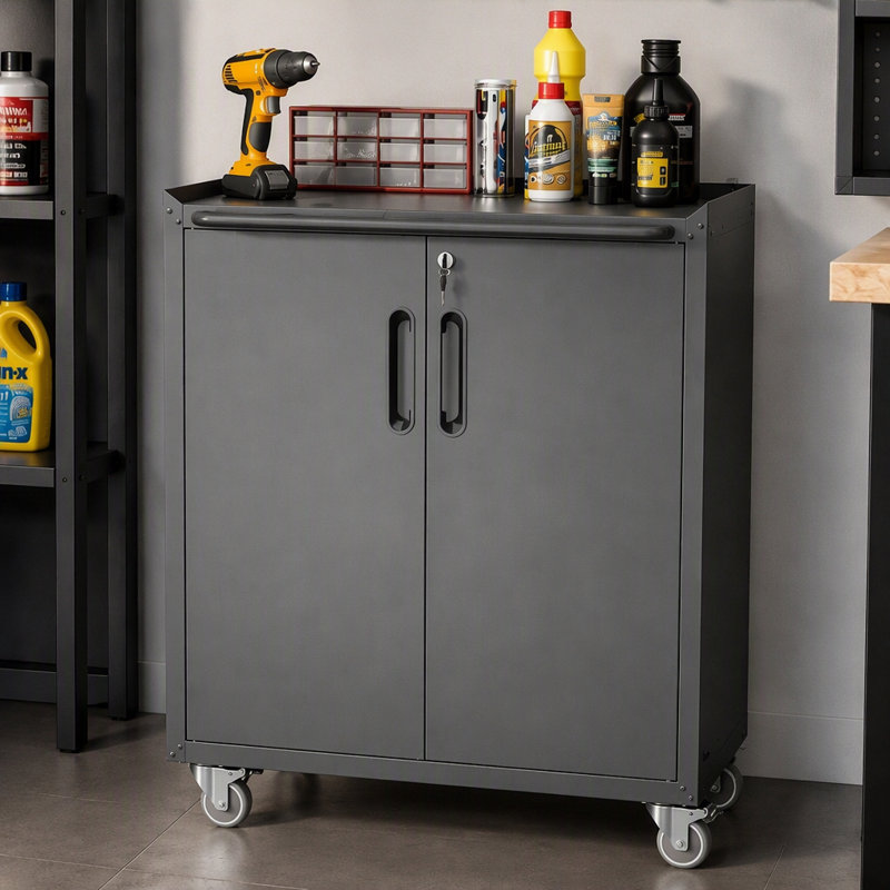 Heavy-Duty Metal Garage Storage Cabinet Sturdy Freestanding Broom Closet Tool Storage Cabinet, Black