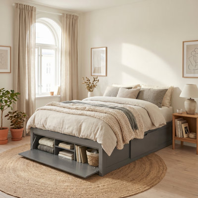 Queen Size Platform Bed Frame With 4 Storage Drawers And Hydraulic Lift Footboard Storage, No Headboard, Modern Space-Saving