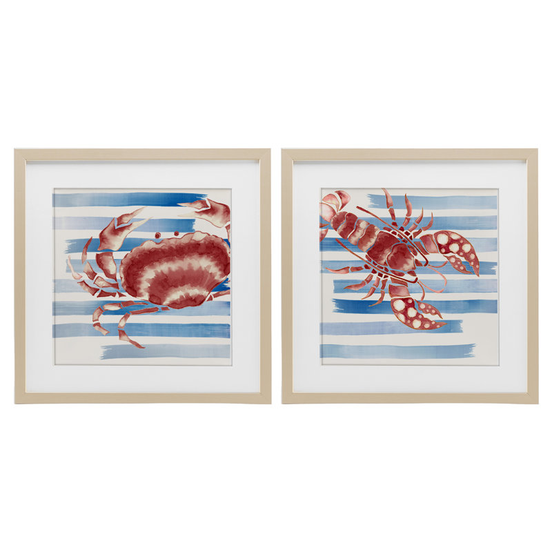 Ensemble de 2 reproductions sous-marines à rayures, créatures de la mer par Eli Jones, Cadre de récolte en pin