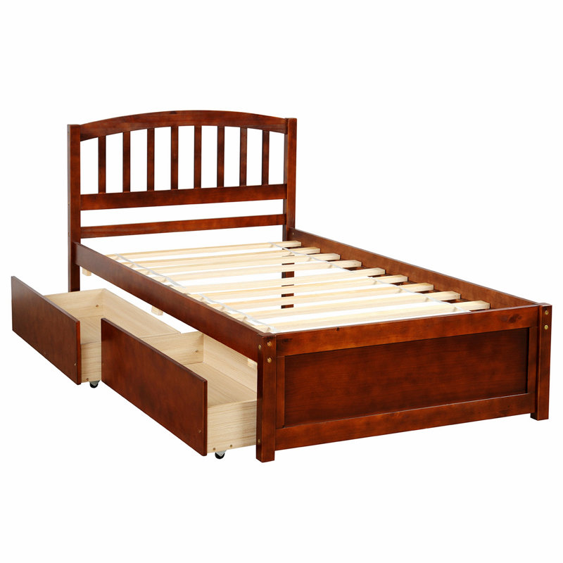 Lit stylé pour appartement, chambre d'amis, lit plateforme, lit de rangement en bois avec deux tiroirs, Noyer