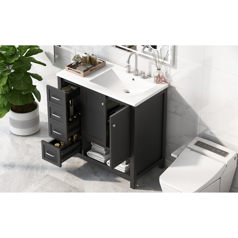 Meuble-lavabo moderne de 36 po, noir avec lavabo, bois massif et fabrication, deux portes et tiroirs, lavabo en céramique, planches d'apparence élégantes, lavabo, style contemporain