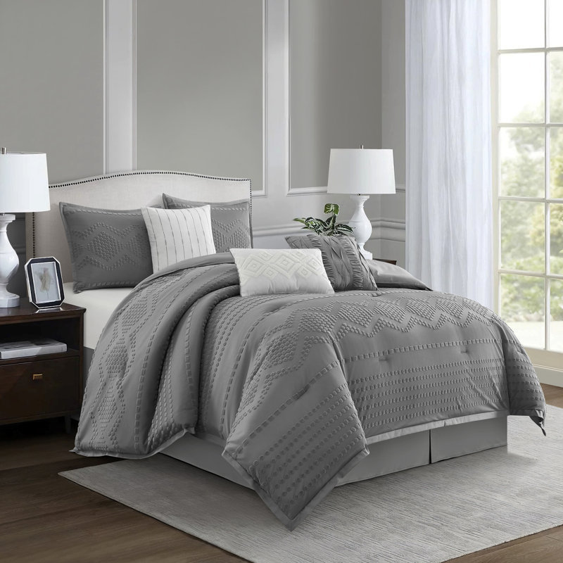 Ensemble d'édredon jacquard géométrique 7 pièces Whki, Gris, Très grand lit
