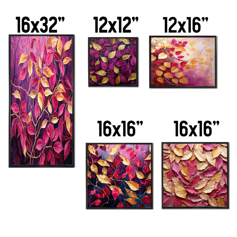 Feuilles dorées et roses avec feuillage - Ensemble de 5 décorations murales feuilles, Cadre flottant noir