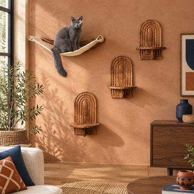 Farmhouse-Style Cat Wall Shelves for Indoor Cats, made as rustic wooden wall decor with a large-cat perch shelf; space-saving, stable and safe, paintable, and pre-drilled.