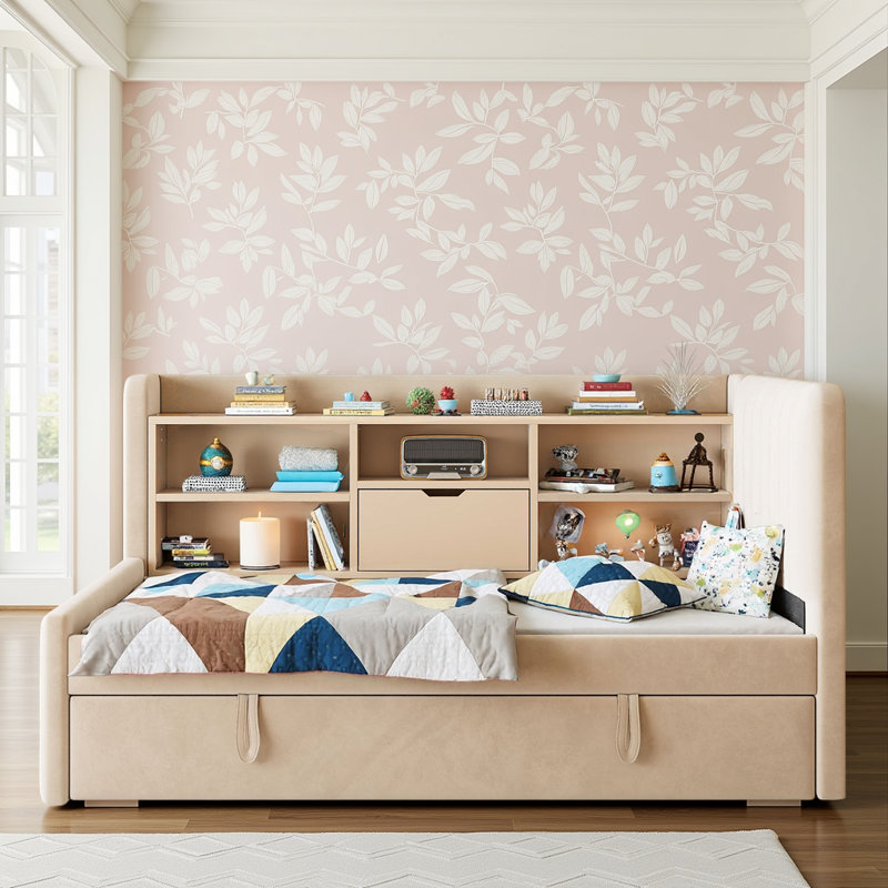 Twin Size Upholstered Daybed with Trundle & Charging Ports - 80" Storage Daybed for Guest Room, Includes USB & Power Outlet