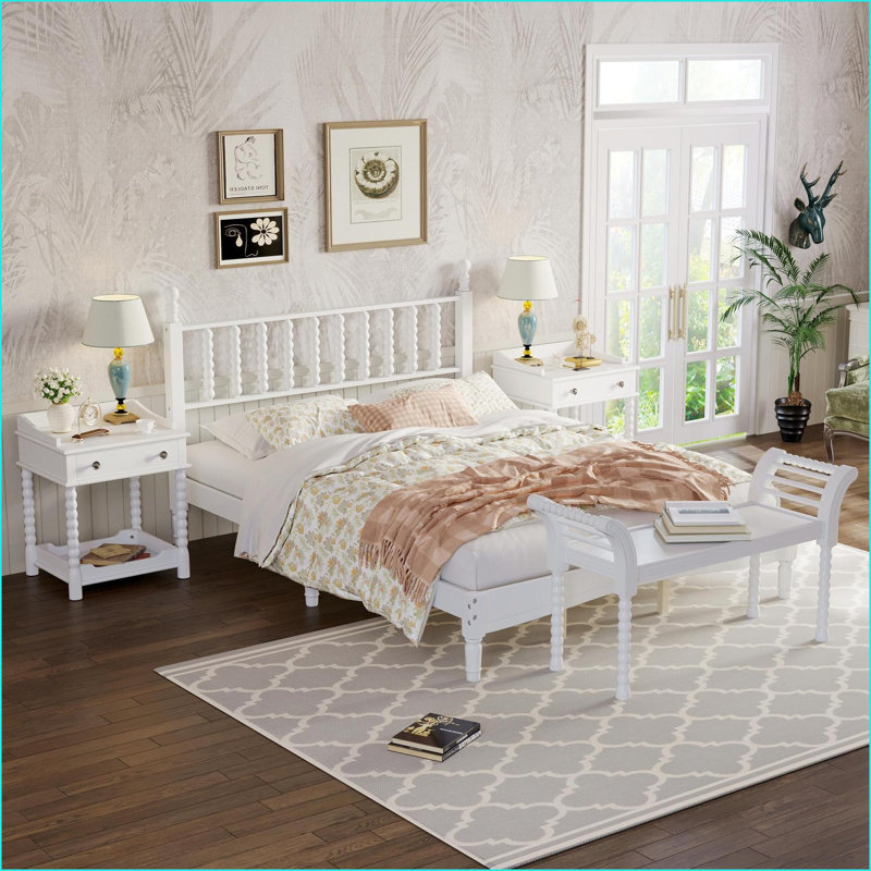 Ensemble de mobilier de chambre à coucher, grand lit 4 pièces rétro avec tables de chevet et amp; Banc, blanc neige | Bois