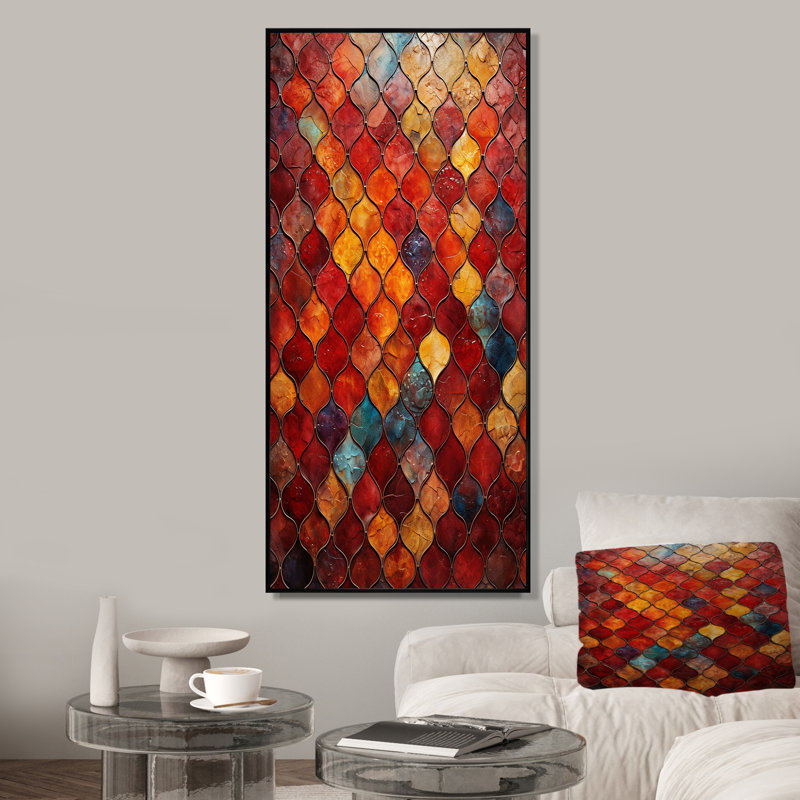 Carreaux marocains élégants orange et jaunes 2 - art mural abstrait, Cadre flottant noir, H 60 po x l 28 po x P 1,5 po
