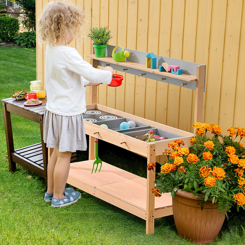Mud Kitchen for Kids, Wooden Toy Play Kitchen Set with Accessories, Outdoor Grocery Store Playset, Pretend Play Outdoor Kitchen, Toddler Play Kitchen with Stoves and Sink 
