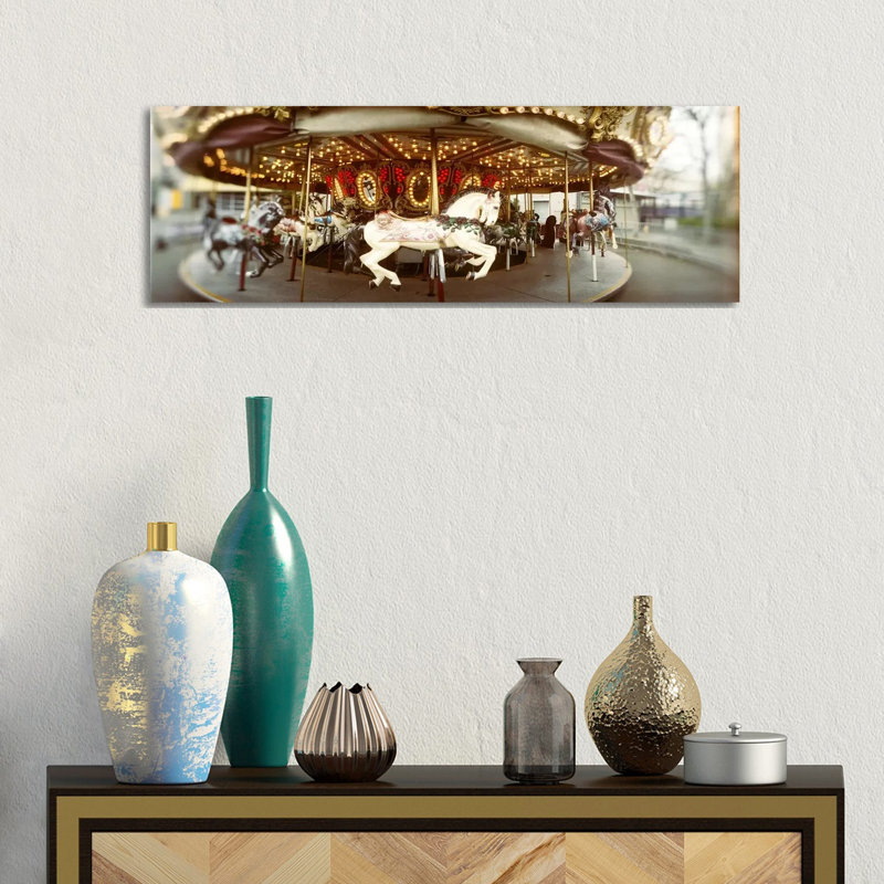 Carousel Horses In An Amusement Park, Seattle Center, Queen Anne Hill, Seattle, Washington State, USA - Wrapped Canvas Panoramic Print